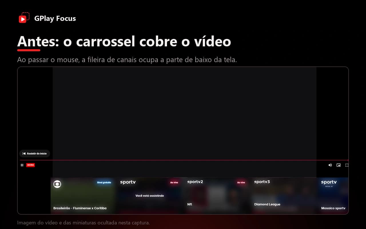 Antes: o carrossel de canais ocupa a parte de baixo do player