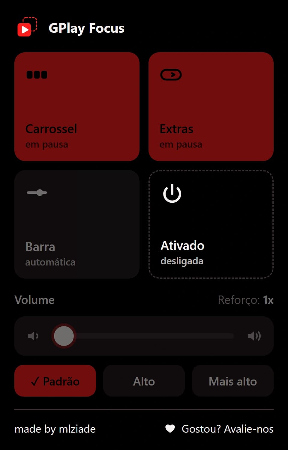 Popup com a extensão desativada, blocos em pausa