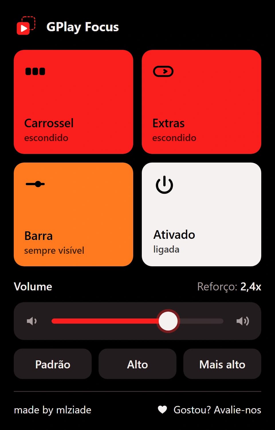 Popup com reforço de 2,4x, carrossel e Extras escondidos e a barra sempre visível